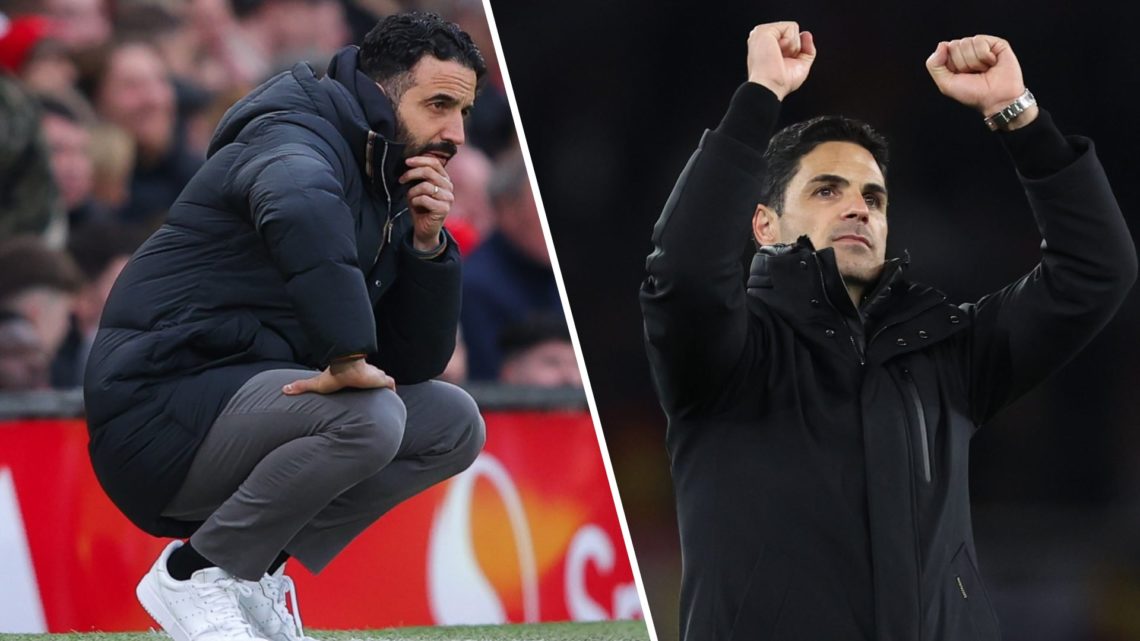 A split image featuring Manchester United manager Ruben Amorim looking on alongside Arsenal head coach Mikel Arteta