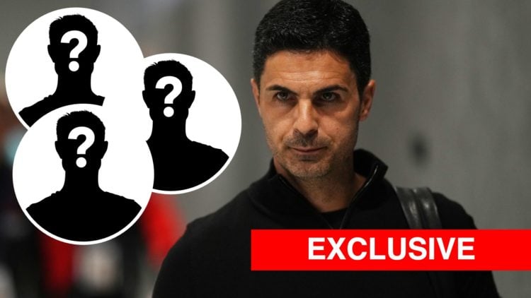 Mikel Arteta walking into the Bernabeu with three insets of mystery players