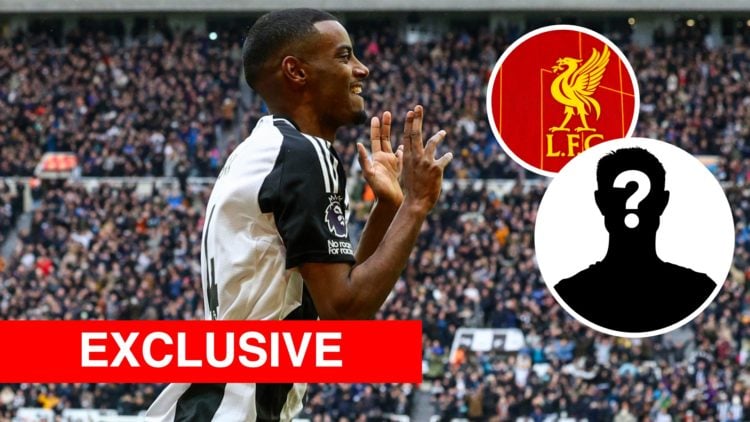 Alexander Isak celebrates scoring a goal for Newcastle in the Premier League, with an inset of a Liverpool badge and inset of a mystery player.