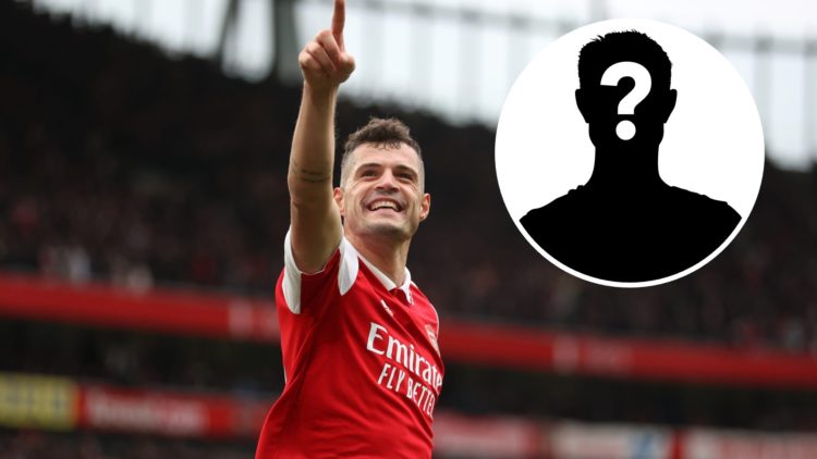 Granit Xhaka celebrates scoring a goal for Arsenal against Leeds in 2023, with inset of mystery player.