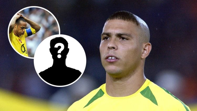 An image of Ronaldo Nazario while playing for Brazil with insets of Thierry Henry looking dejected and a mystery player