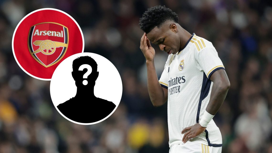 Image of Real Madrid star Vinicius Jr looking dejected with insets of the Arsenal badge and a mystery player