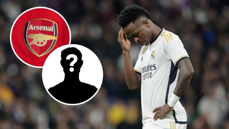 Image of Real Madrid star Vinicius Jr looking dejected with insets of the Arsenal badge and a mystery player