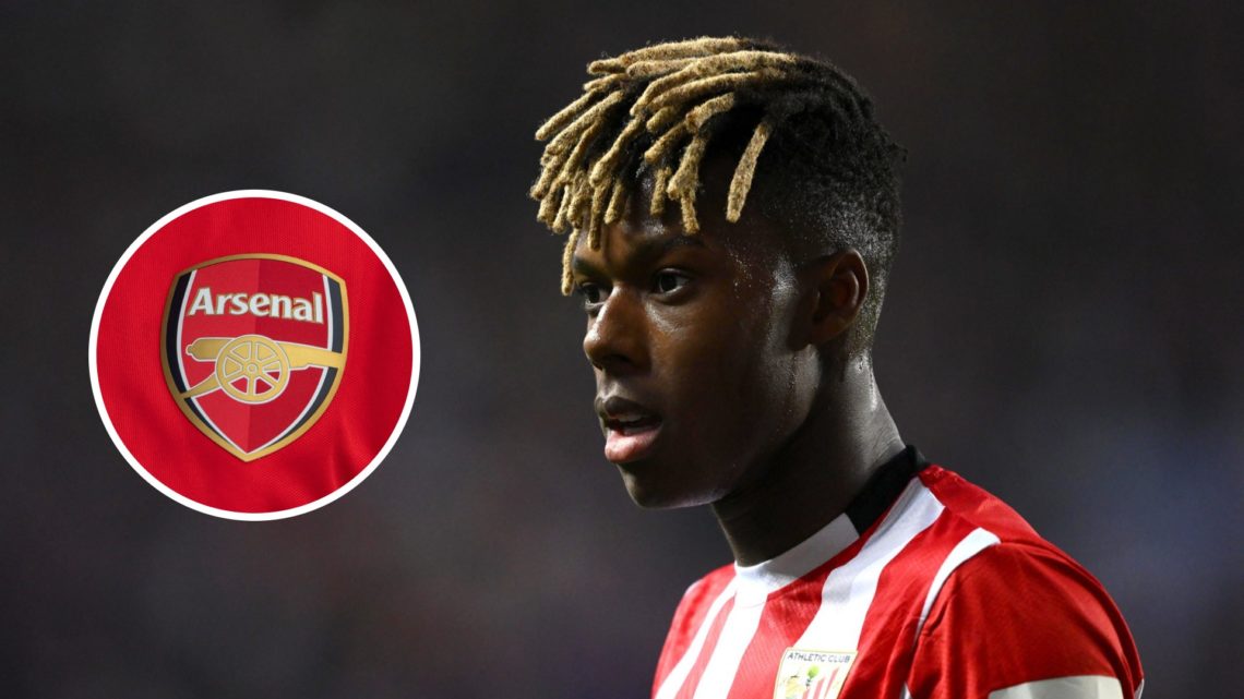 An image of Nico Williams playing for Athletic Club with an inset of the Arsenal badge