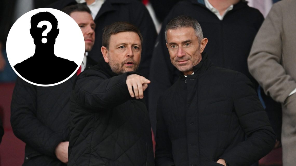 Andrea Berta and Richard Garlick stood up in the Arsenal director's box at the Emirates Stadium, with inset of mystery player.