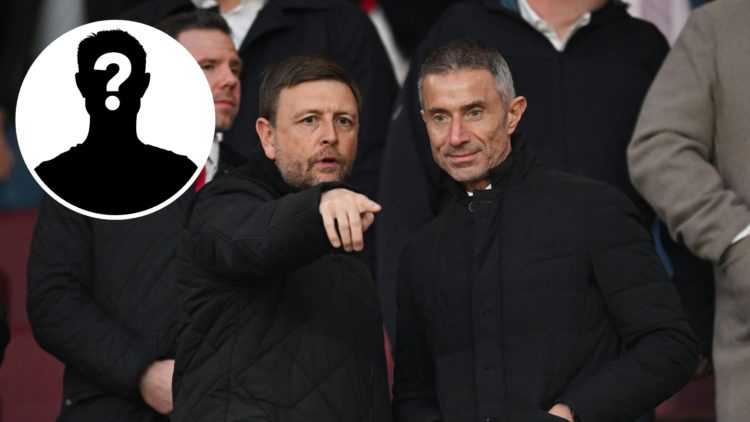 Andrea Berta and Richard Garlick stood up in the Arsenal director's box at the Emirates Stadium, with inset of mystery player.