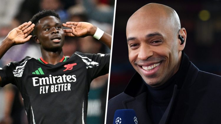 Bukayo Saka celebrates scoring against Real Madrid for Arsenal (L), Thierry Henry speaking with a microphone (R)