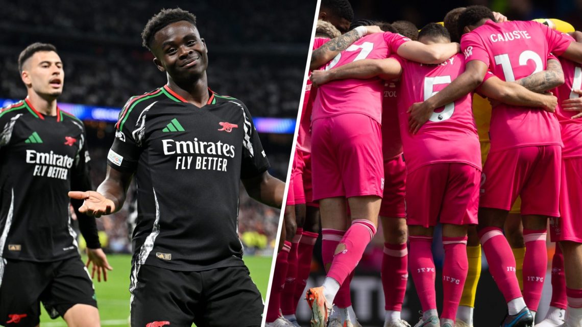 Bukayo Saka celebrates scoring for Arsenal against Real Madrid (R), Ipswich Town's team huddle together before playing Chelsea at Stamford Bridge (L)