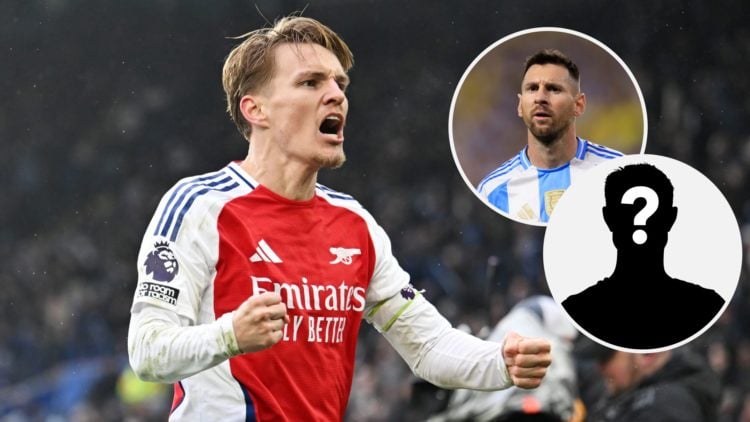 Image of Arsenal captain Martin Odegaard celebarting with insets of Lionel Messi playing for Argentine and a mystery player