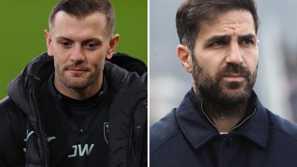Norwich City Coach Jack Wilshere during the Sky Bet Championship match between Norwich City FC and Preston North End FC (L), Cesc Fabregas looks on...