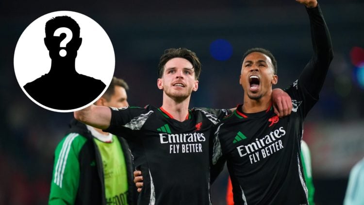 Declan Rice of Arsenal, Gabriel of Arsenal celebrating the victory during the UEFA Champions League match between PSV v Arsenal, with inset of myst...