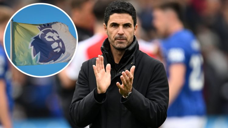 Mikel Arteta claps Arsenal fans after Premier League win over Ipswich, with inset of Premier League flag.