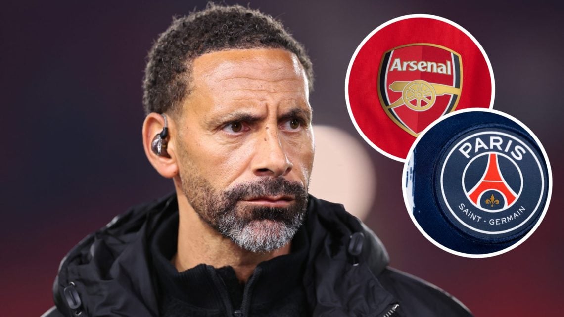 Rio Ferdinand looking out whilst on Champions League broadcast for TNT Sports, with insets of Arsenal badge and Paris Saint-Germain badge.