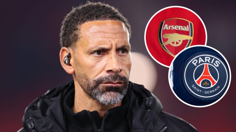 Rio Ferdinand looking out whilst on Champions League broadcast for TNT Sports, with insets of Arsenal badge and Paris Saint-Germain badge.