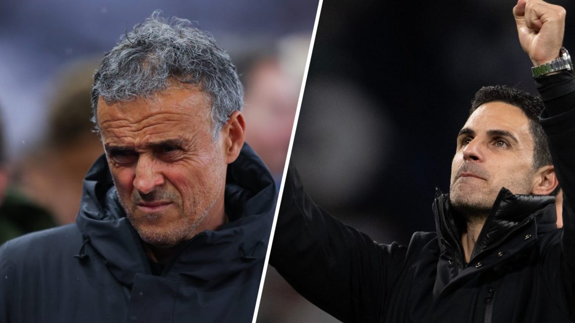 Split image of PSG manager Luis Enrique at Villa Park and Mikel Arteta celebrating Arsenal's win against Real Madrid.