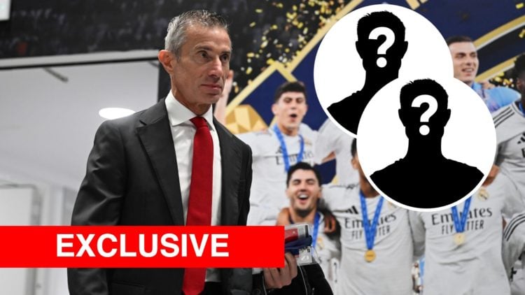 Andrea Berta walking into the Bernabeu ahead of Real Madrid vs Arsenal in the Champions League, with two insets of mystery players.