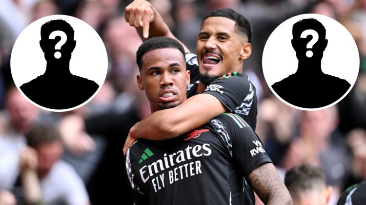 William Saliba and Gabriel Magalhaes celebrate the Brazilian's goal for Arsenal against Tottenham at the Tottenham Hotspur Stadium, with two insets...