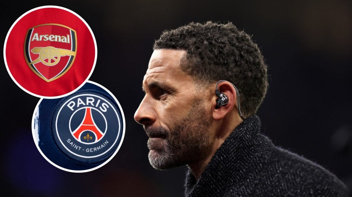 Image of Rio Ferdinand working as a pundit with insets of the Arsenal and PSG badges