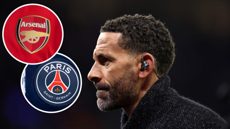 Image of Rio Ferdinand working as a pundit with insets of the Arsenal and PSG badges