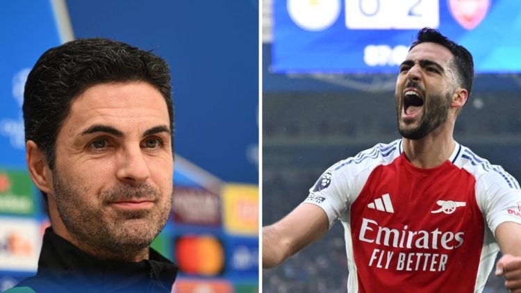 Split image of (L) Mikel Arteta during a press conference and (R) Mikel Merino celebrating after scoring for Arsenal