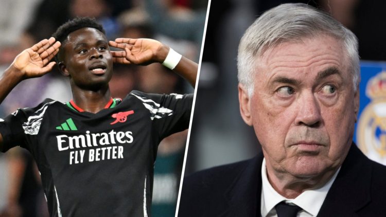Bukayo Saka celebrates scoring for Arsenal against Real Madrid (L), Carlo Ancelotti at Real Madrid vs Arsenal in the Champions League (R)