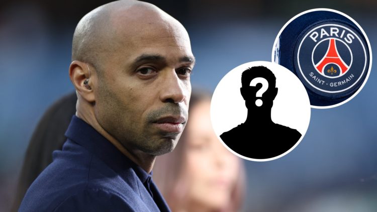 Image of Thierry Henry working as a pundit with insets of the PSG badge and a mystery player
