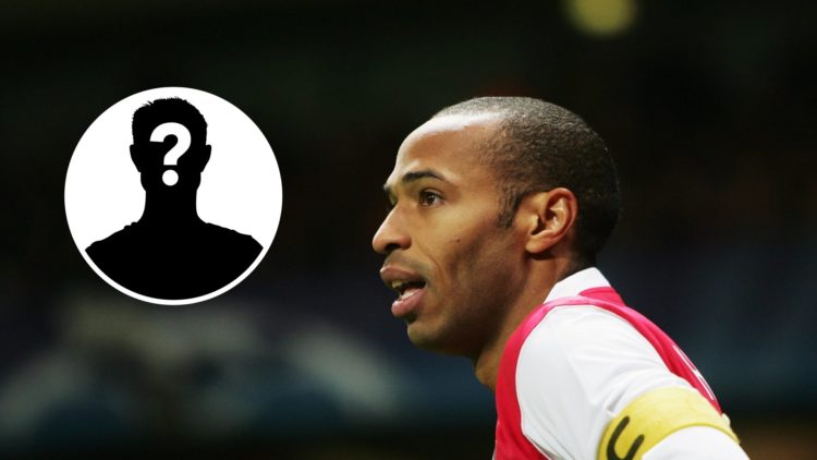 Thierry Henry during the Champions League match between Arsenal and CSKA Moscow with mystery icon inset.