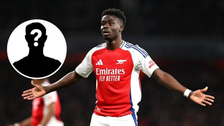 Image of Arsenal star Bukayo Saka looking annoyed with an inset of a mystery player