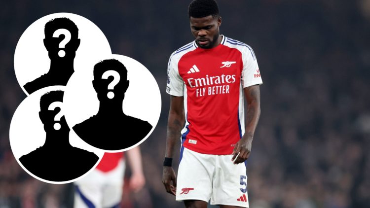 Thomas Partey looking down in Arsenal's Premier Leagyegame against Tottenham Hotspur, with three mystery player insets.