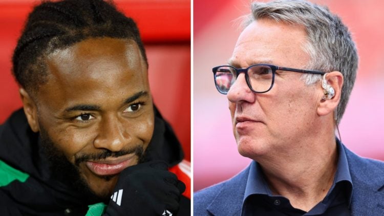 Raheem Sterling of Arsenal on the side line before the Premier League match between Nottingham Forest FC and Arsenal FC (R), Paul Merson working as...