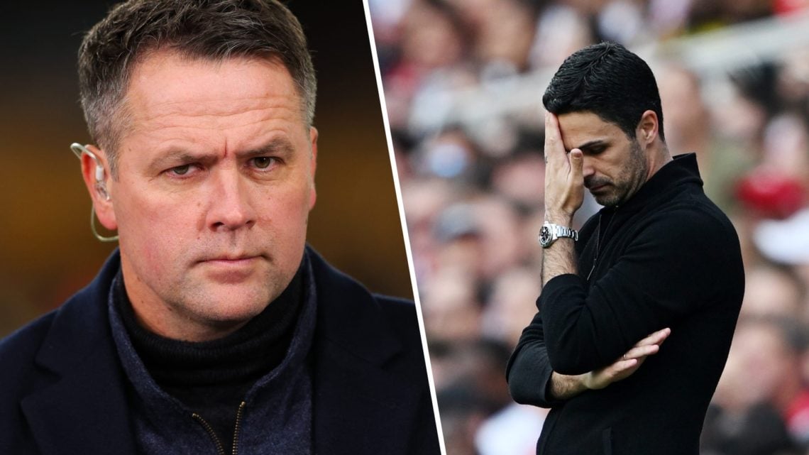 Split image (L) Michael Owen while working as a pundit next to Arsenal manager Mikel Arteta looking dejected during a game
