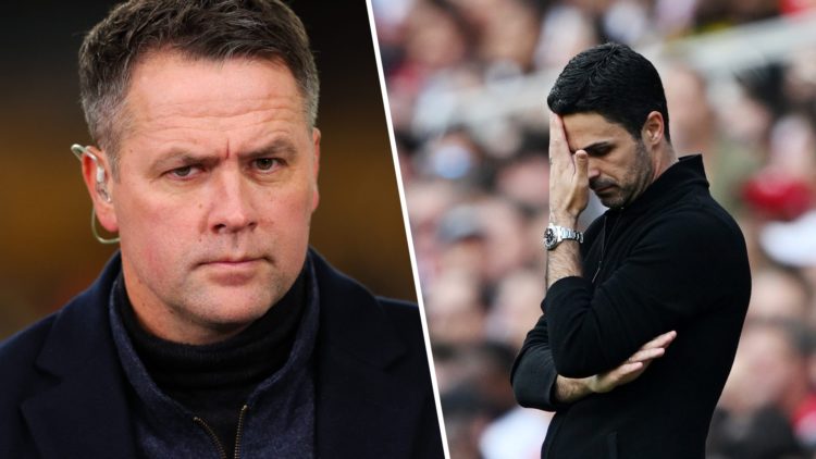 Split image (L) Michael Owen while working as a pundit next to Arsenal manager Mikel Arteta looking dejected during a game