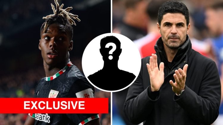 Split image of Nico Williams looking on during a La Liga match for Athletic Club (L) and Mikel Arteta appluading Arsenal fans after Ipswich v Arsen...