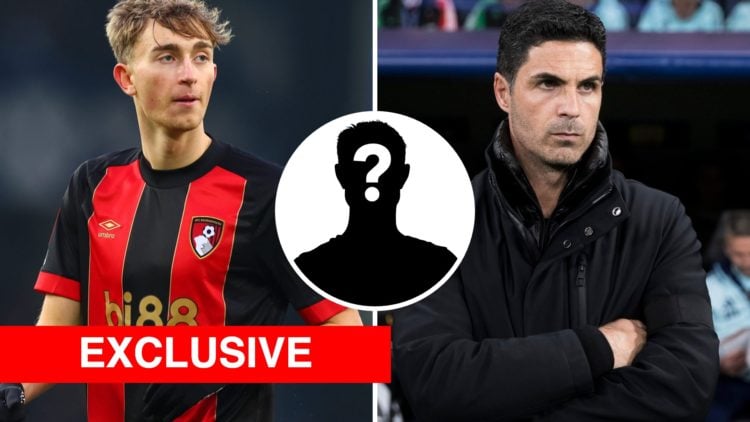 Dean Huijsen playing for Bournemouth in the Premier League (L), Mikel Arteta on the sidelines for Arsenal (R), an Arsenal Insider Exclusives Banner...
