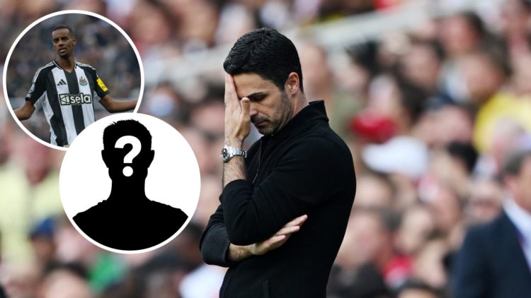 Image of Arsenal manager Mikel Arteta looking dejecetd with insets of Alexander Isak during a Newcastle game and a mystery player