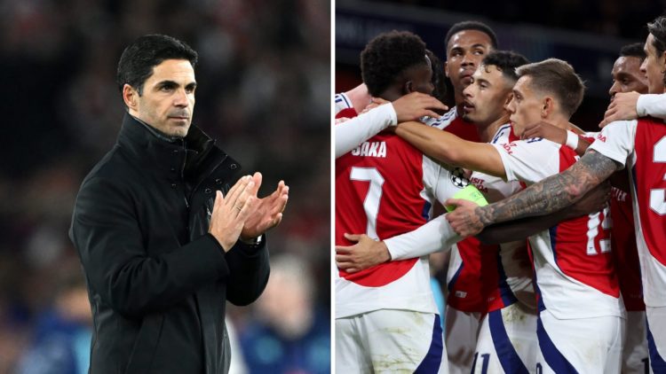 Mikel Arteta applauds the Arsenal fans after beating Real Madrid at the Emirates (R), Arsenal players celebrate scoring against Paris Saint-Germain...