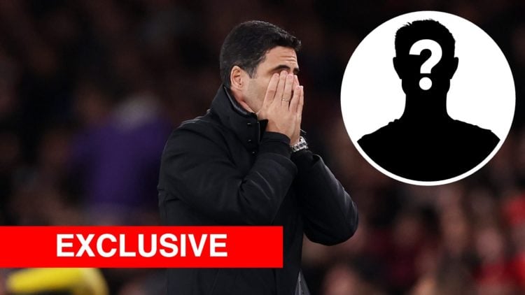 Mikel Arteta, Manager of Arsenal, reacts after Jean-Philippe Mateta of Crystal Palace (not pictured) scored his team's second goal during the Premi...