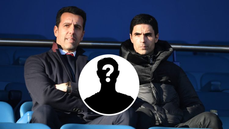Image of Arsenal manager Mikel Arteta next to Edu Gaspar watching a game from the stands with an inset of a mystery player