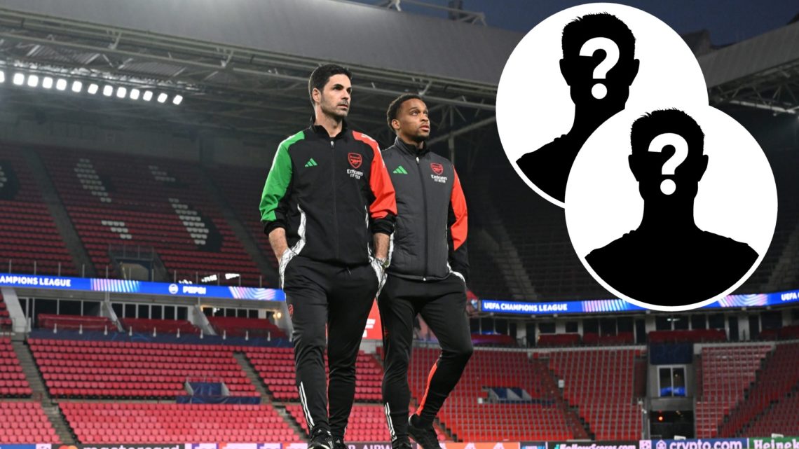 Arsenal Manager Mikel Arteta and Jurrien Timber before the Press Conference before the UEFA Champions League Round of 16 match between PSV Eindhove...