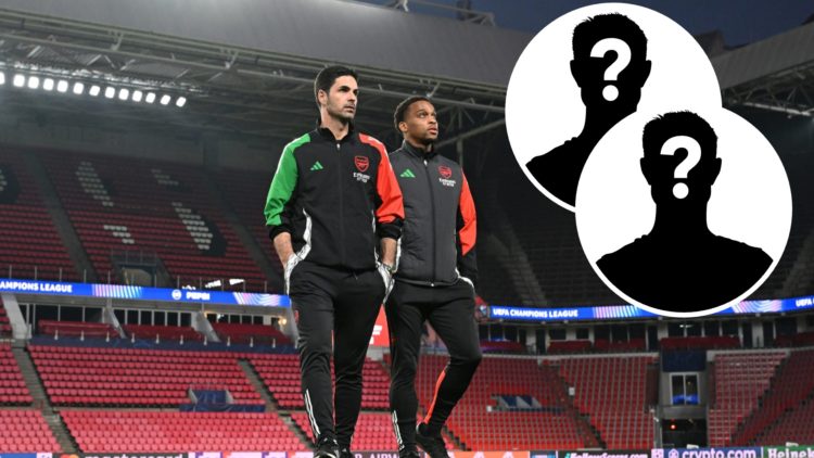 Arsenal Manager Mikel Arteta and Jurrien Timber before the Press Conference before the UEFA Champions League Round of 16 match between PSV Eindhove...