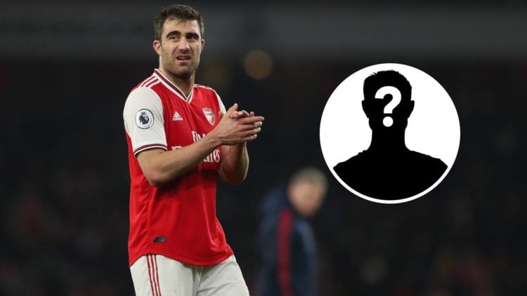 Image of Sokratis Papastathopoulos applauding after an Arsenal game with an inset of a mystery player
