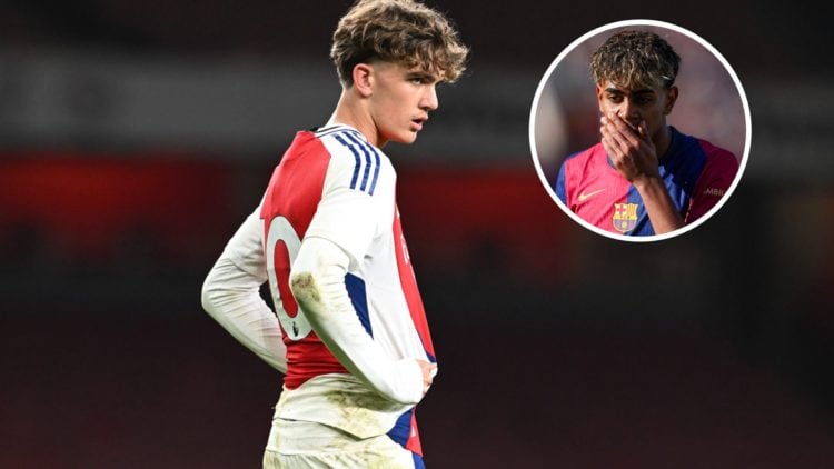 Max Dowman of Arsenal looks on during the FA Youth Cup Quarter Final match between Arsenal U18 and Manchester United U18 at Emirates Stadium, with ...