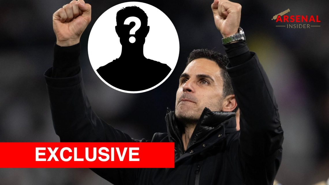 Mikel Arteta celebrates Arsenal's win over Real Madrid, with inset of mystery player and inset of Arsenal Insider exclusive banner
