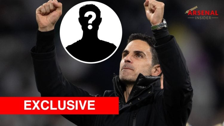 Mikel Arteta celebrates Arsenal's win over Real Madrid, with inset of mystery player and inset of Arsenal Insider exclusive banner
