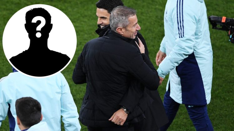 Mikel Arteta, Manager of Arsenal and Andrea Berta, Sporting Director of Arsenal, celebrate after the UEFA Champions League 2024/25 Quarter Final Fi...