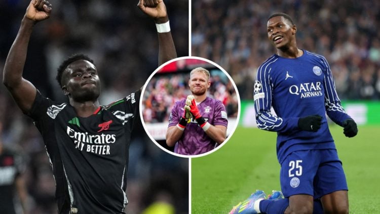 Split image of (L) Arsenal star Bukayo Saka and (R) PSG defender Nuno Mendes both celebrating with an inset of Aaron Ramsdale applauding at the Emi...