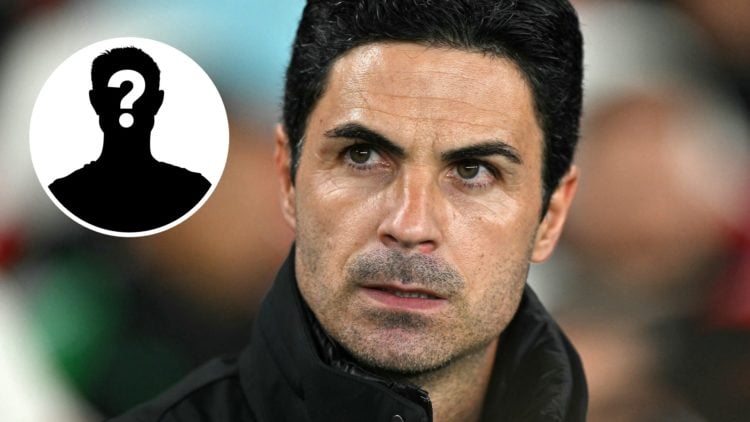 Mikel Arteta looks on during Arsenal's win over Paris Saint-Germain in the Champions League in October 2024, with inset of mystery player.