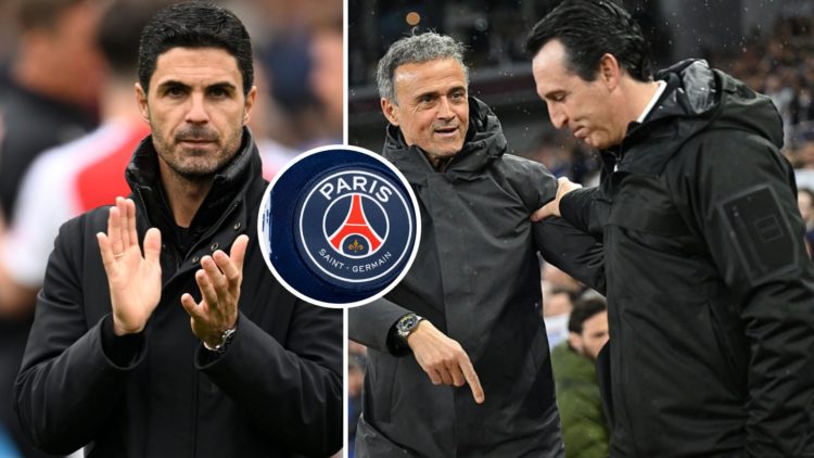 Mikel Arteta claps Arsenal fans after win over Ipswich (L), Luis Enrique speaks to Unai Emery before Aston Villa v PSG (R), with inset of PSG badge.