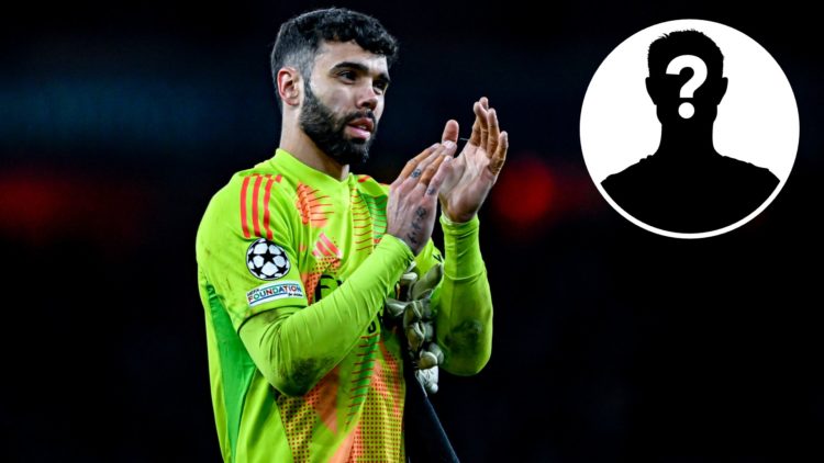 Arsenal goalkeeper David Raya plays during the match between Arsenal and PSV at the Arsenal Stadium for the UEFA Champions League, with inset of my...