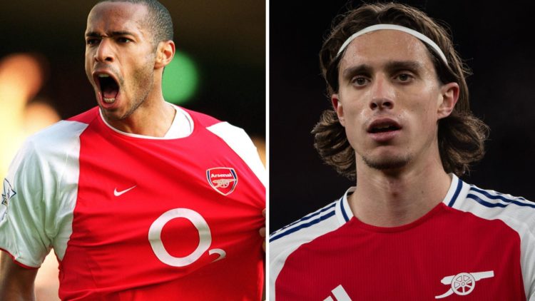 Thierry Henry celebrates scoring Arsenal's 2nd goal during the Premier League match between Arsenal and Chelsea (L), Riccardo Calafiori of Arsenal ...